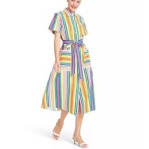 Christopher J Rogers Multicolor Rainbow Stripe Shirt Dress Midi Length Size 6